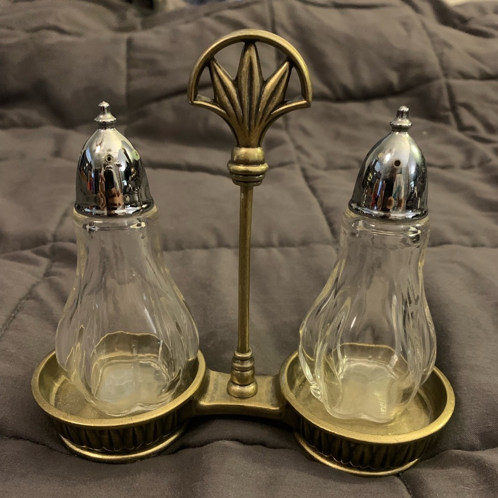 Vintage salt and pepper shaker set with brass (bronze?)stand